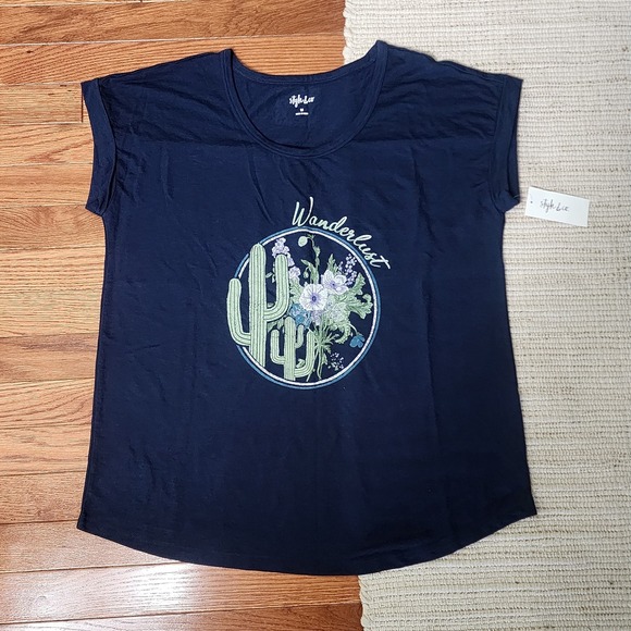 Style & Co. Tops - Style & Co Boho Sleeveless TShirt M Blue Graphic Crew Neck Floral Western Ranch